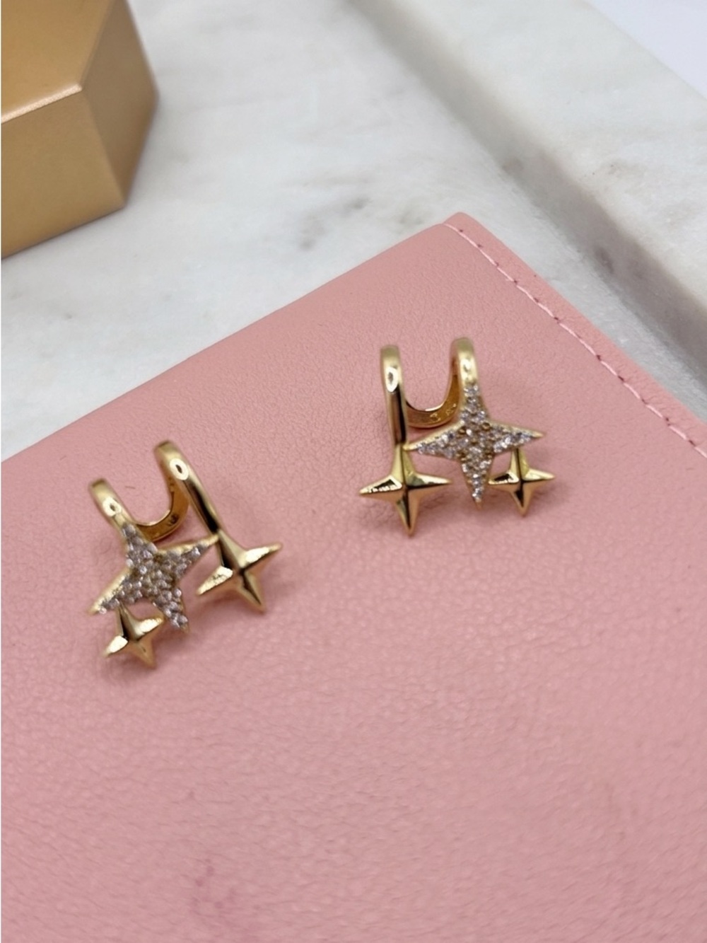 Gold Plated Star Pave Huggie Earrings - Gold with Clear Stones
